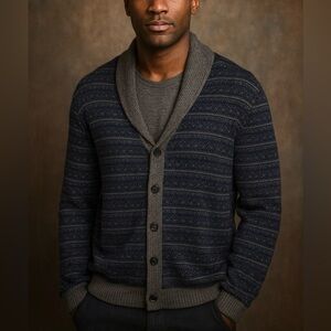 Vtg Gap Men Birdseye Cardigan Sweater Jumper L Shawl Nordic Fair Isle‎ Grandpa